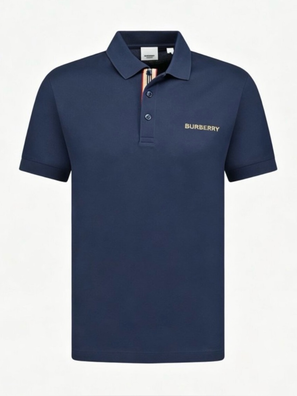 Burberry Navy Polo with Yellow Logo and Signature Stripe size small